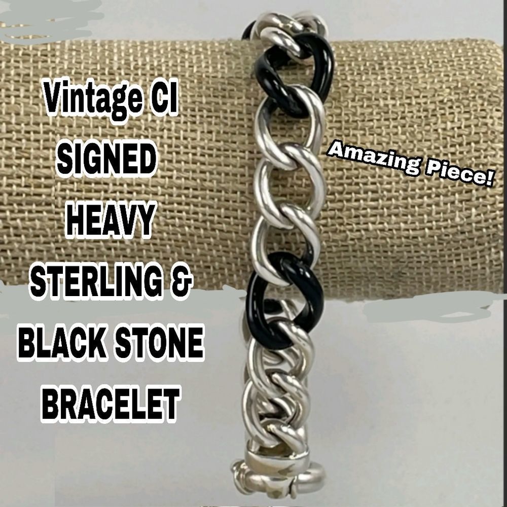 HEAVY STERLING SILVER 925 BRACELET 7.75" BLACK STONE 21.6G AMAZING VTG CI SIGNED - Picture 6 of 14